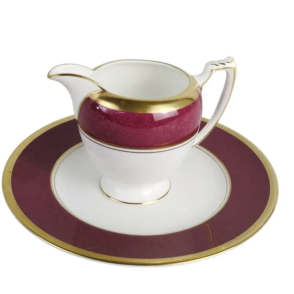 Vtg Coalport England ATHLONE MARONE Creamer & Salad Plate Set Ruby Gold Trim 70s